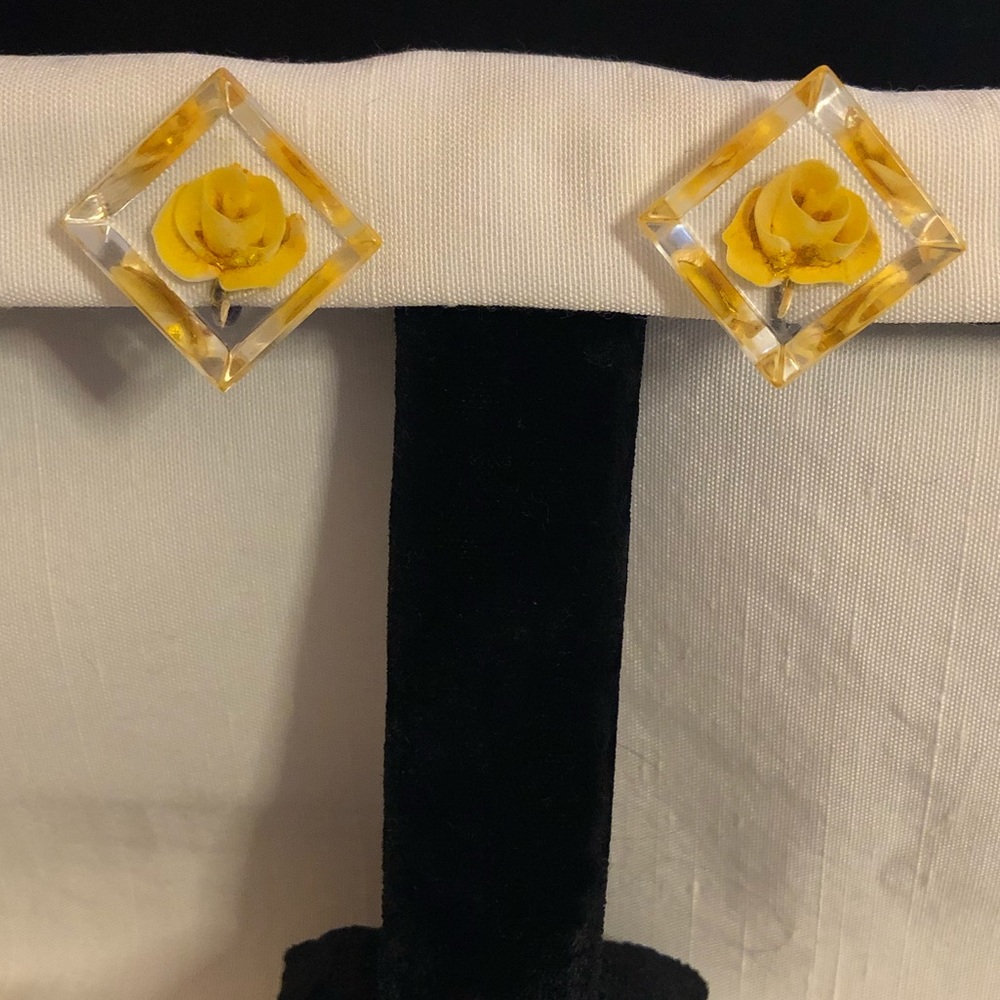 Lucite Clear Yellow Rose Earrings